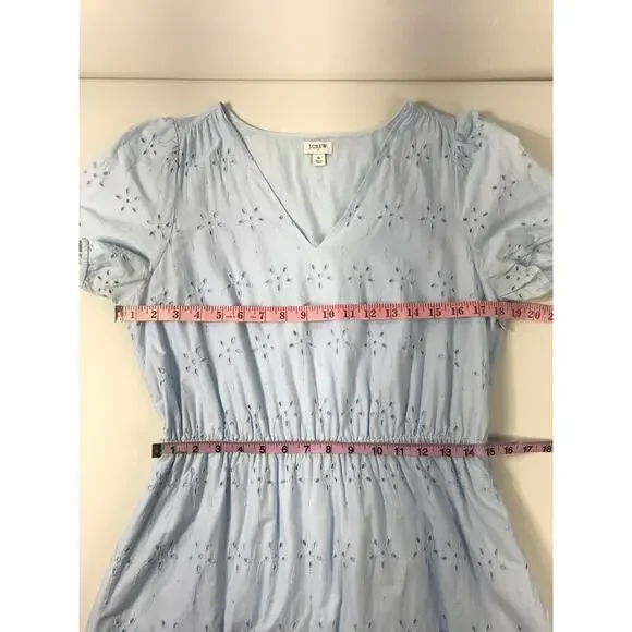 J. Crew Midi Dress Women's 8 Blue V Neck Puff Sleeve Eyelet Tiered Feminine - Picture 14 of 15